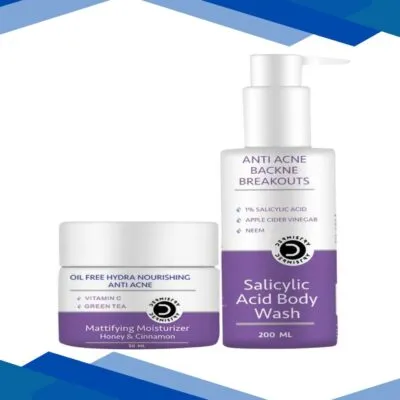 Dermistry 1% Salicylic Acid Anti Acne Body Wash 200 ml + Oil Free Hydra Nourishing Anti Acne Mattifying Moisturizer Honey And Cinnamon 50 ml