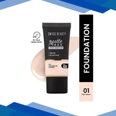 Swiss Beauty Matte Maxx Cover Foundation, 24- Hour Stay, with Hyaluronic Acid & Vitamin E, Oil-Control Formula 1 – Fair Warm 30 gm