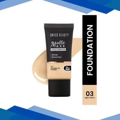 Swiss Beauty Matte Maxx Cover Foundation, 24- Hour Stay, with Hyaluronic Acid & Vitamin E, Oil-Control Formula 3 – Light Warm 30 gm