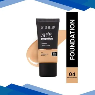 Swiss Beauty Matte Maxx Cover Foundation, 24- Hour Stay, with Hyaluronic Acid & Vitamin E, Oil-Control Formula 4- Medium Warm 30 gm