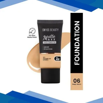 Swiss Beauty Matte Maxx Cover Foundation, 24- Hour Stay, with Hyaluronic Acid & Vitamin E, Oil-Control Formula 6 – Deep Warm 30 gm
